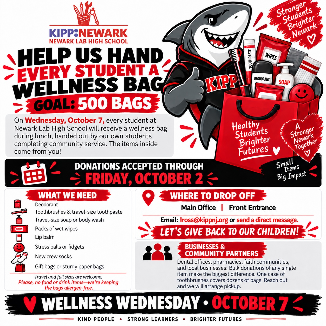 Wellness bag donation drive flyer — goal 500 bags, donations due Friday October 2, distribution Wednesday October 7
