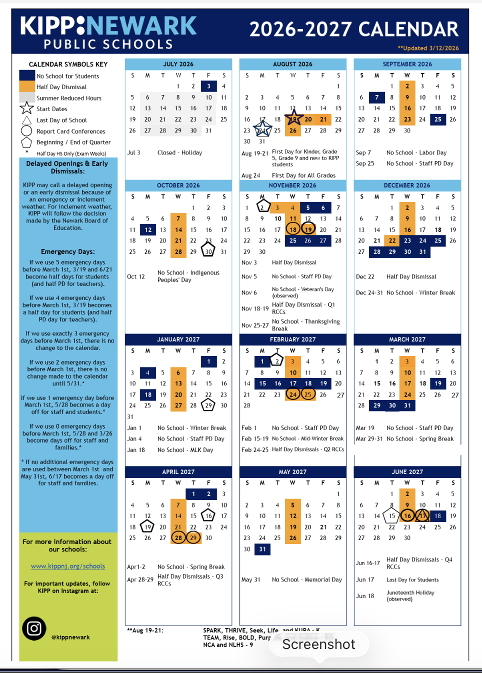 KIPP Newark 2026-2027 academic calendar