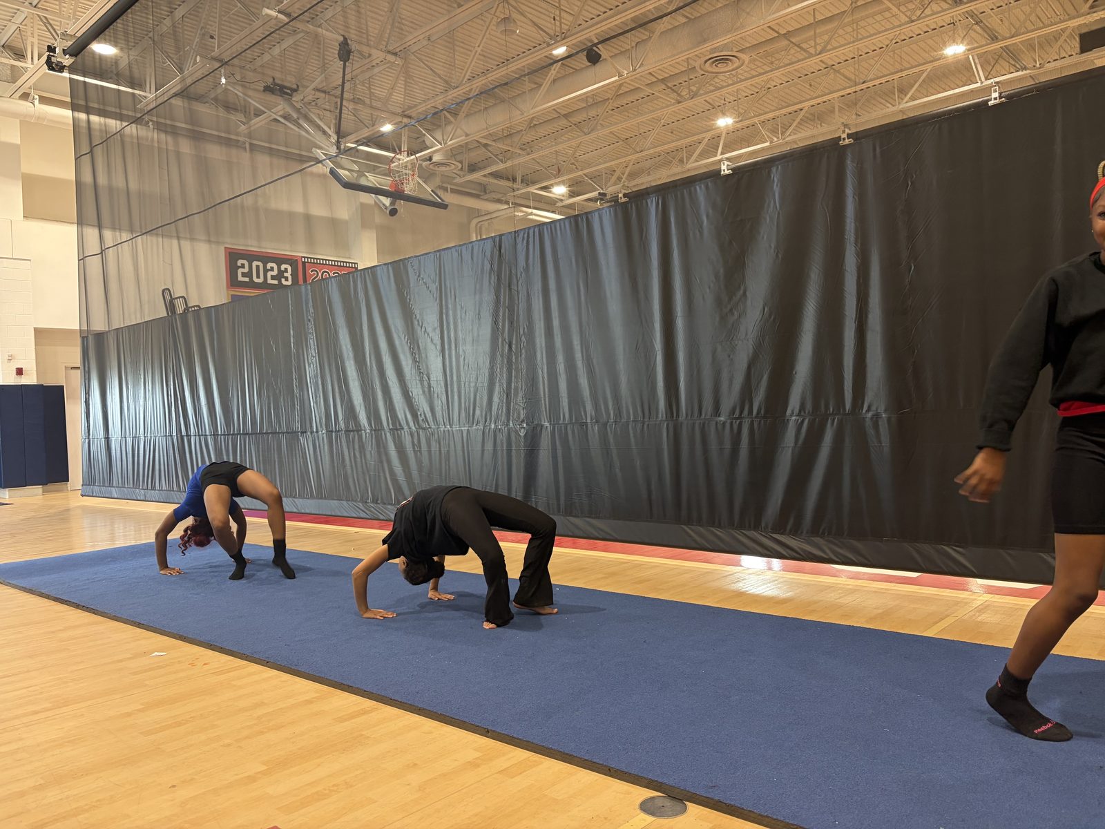 Newark Lab gymnasts practicing bridges on the mat